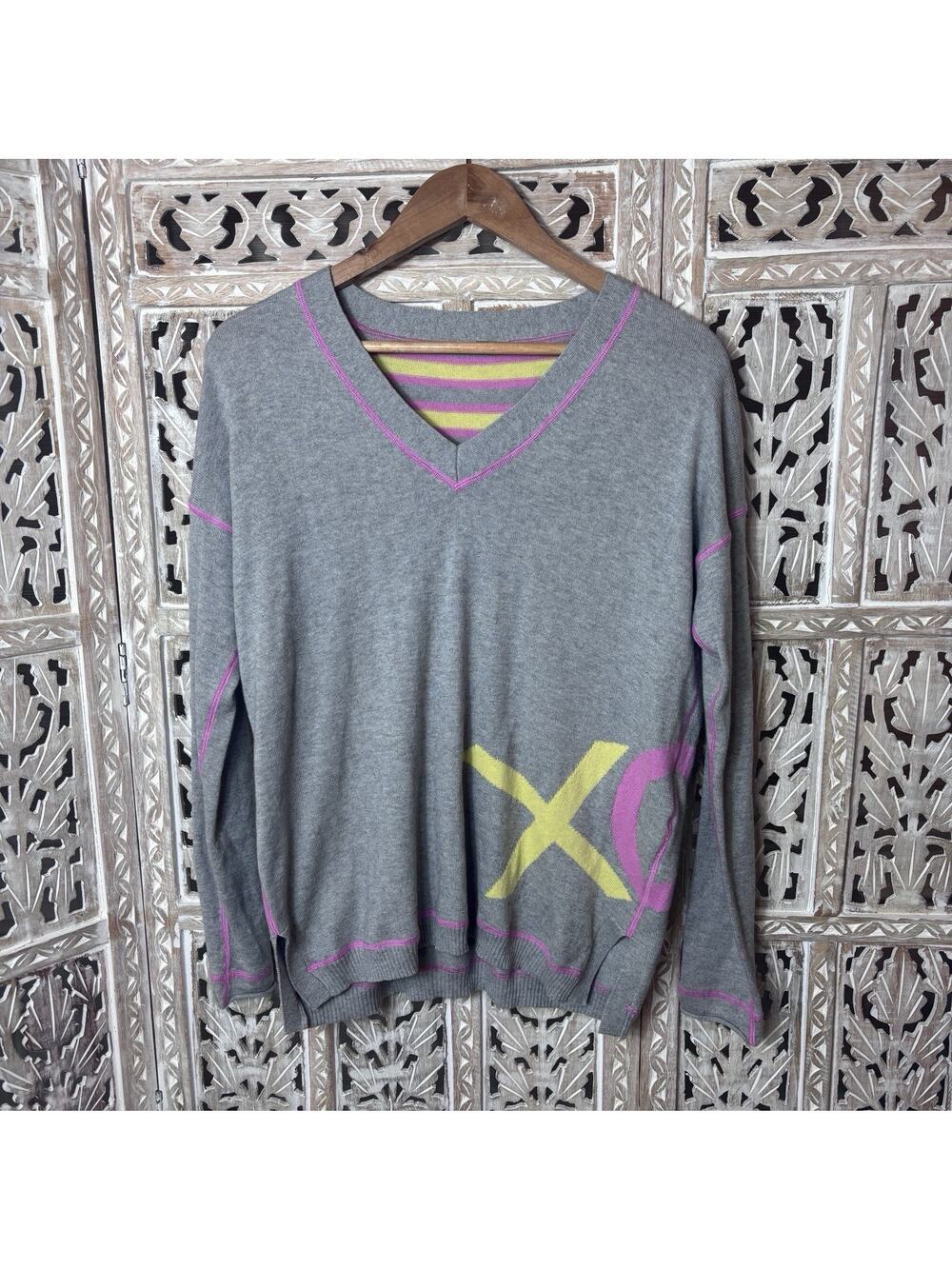 Lisa Todd Sweater V Neck Gray Neon Yellow Pink Live Laugh Love Sleeve Size Small